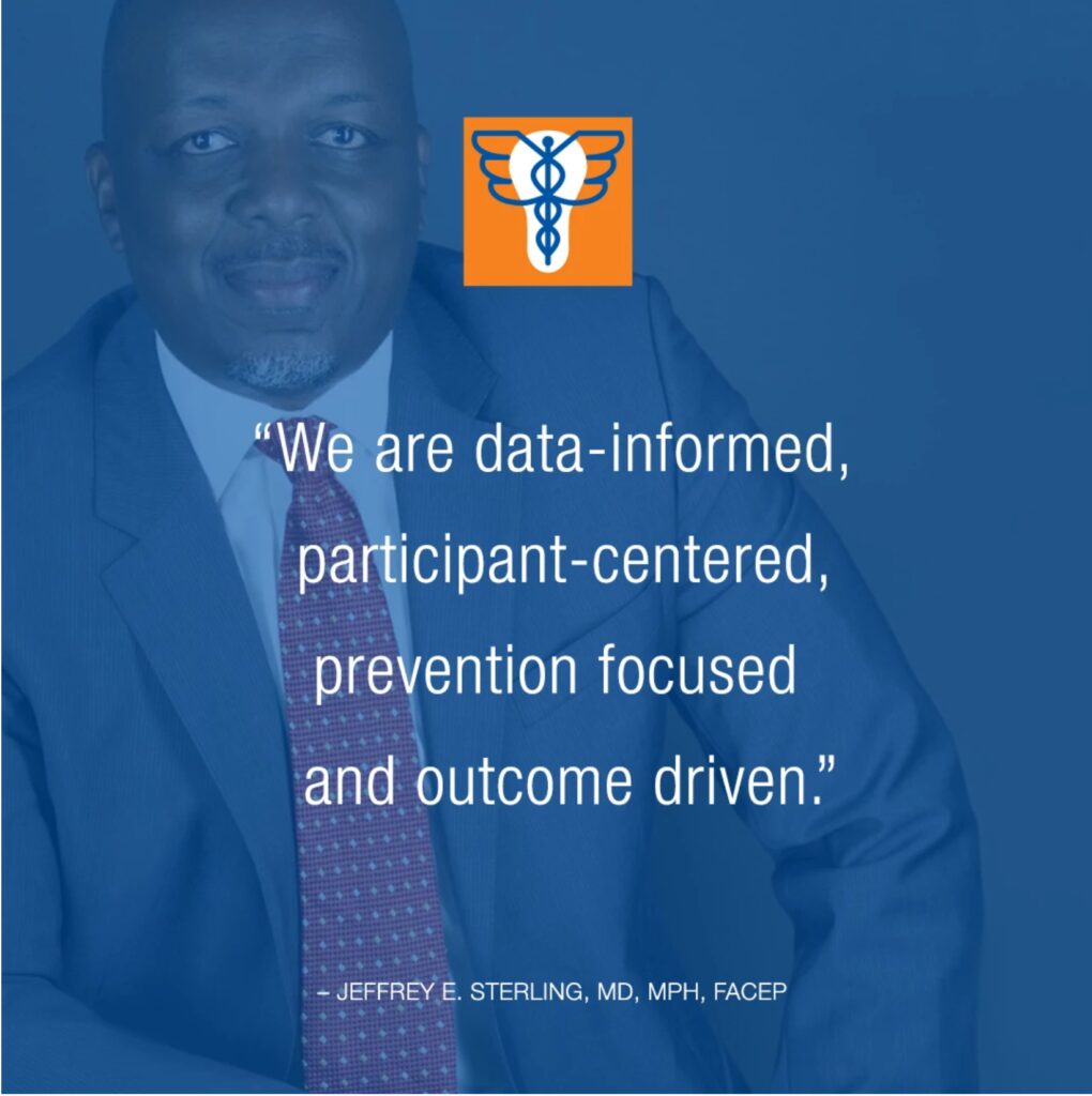 Quote on data-informed, participant-centered prevention and outcomes with a blue background.