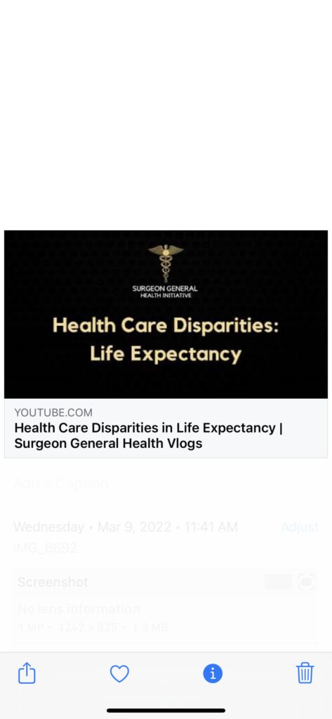 Title card for a video on health care disparities and life expectancy by Surgeon General.