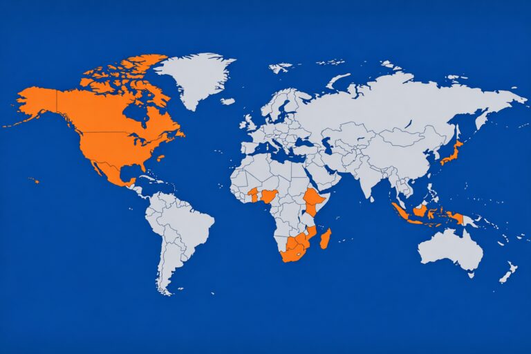 World map highlighting certain countries in orange.